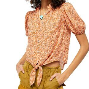 Free People Top Woman’s Celia Orange Print Button Front Collared Tie Waist SMALL